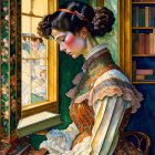 Victorian-style portrait of woman reading by window with sunlight and books