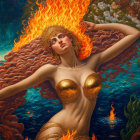 Fantastical artwork: Woman with fiery hair and golden attire in water and fire elements against Van G