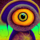 Colorful surreal eye with clock and neon veins on gradient background