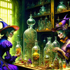 Whimsical witches in elegant attire crafting potions among colorful bottles