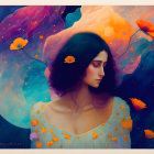 Surreal illustration: Woman with flowing hair, poppies, celestial elements