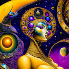 Vibrant female figure with exotic makeup in cosmic scene