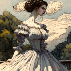 Vintage dress woman on balcony with dramatic clouds