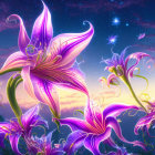 Purple Flowers in Starry Twilight Sky with Mystical Ambience