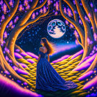 Woman in Blue Gown Stands in Mystical Forest with Full Moon