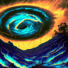 Colorful swirling vortex digital artwork with neon blue and fiery orange hues on stormy background.