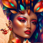 Colorful portrait of a woman with vibrant makeup and jewel-encrusted butterfly headdress