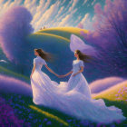 Ethereal figures in white dresses in vibrant purple meadow