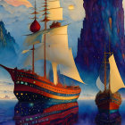 Majestic sailing ships on fantastical sea with purple and blue rock formations