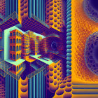 Colorful Digital Artwork: Geometric Patterns, Surreal Architecture, Circular Vortex