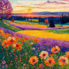 Colorful Sunset Painting with Flower-Filled Landscape