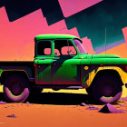 Colorful vintage pickup truck in surreal landscape with geometric shapes