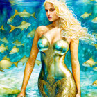 Mermaid with Golden Armor in Underwater Scene