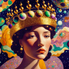 Surreal illustration of woman with golden crown and cosmic background