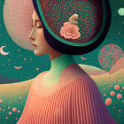 Stylized woman profile with floral headdress on gradient background.