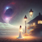 Person in white dress by lantern under starry sky and glowing house with rolling clouds.