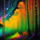 Surreal colorful forest with glowing trees & starry sky