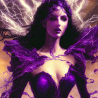 Digital Artwork: Woman with Flowing Hair and Purple Lightning