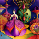 Surreal artwork: Woman in vibrant landscape with stylized trees and colorful sky