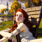 Red-haired woman on bench in pastoral landscape with church