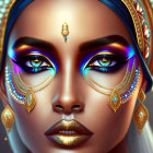 Vibrant digital portrait of a woman with striking blue eyes and ornate jewelry