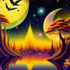 Surreal landscape with golden trees, moons, stars, bird, and sunflower