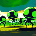 Group of aliens walking on green and yellow alien landscape