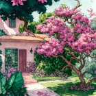 Pink house and blossoming trees in sunny landscape