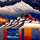 Stylized painting of Potala Palace with dramatic clouds and colorful abstract panels