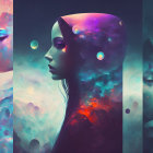 Ethereal female faces blend with vibrant cosmic backgrounds