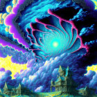 Fractal wormhole above Gothic buildings in surreal landscape