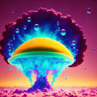 Colorful surreal explosion with mushroom-like plume in pink-orange sky