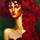 Stylized woman with flowing red hair on green background