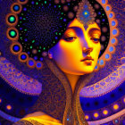 Colorful digital artwork: woman with cosmic features and intricate patterns on dark blue background.