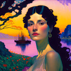 Illustrated portrait of woman in vibrant attire with sailing boat and mountains.