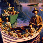 Vintage attired men row wooden boat on calm lake with rock formations and birds.