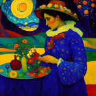 Colorful painting of woman arranging flowers in blue dress