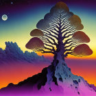 Fantastical tree painting with mushroom-like canopy in alien landscape