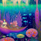 Woman in decorative boat surrounded by vibrant marine life and shark in mirrored water.