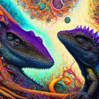 Colorful Psychedelic Art: Two Lizards in Intricate Patterns