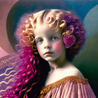 Colorful digital artwork: Young girl with curly hair in surreal setting