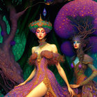 Fantastical artwork featuring stylized women in elaborate gowns and headpieces surrounded by vibrant trees and