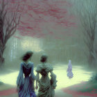 Women in Blue Dresses Walking Towards Child in Eerie Forest