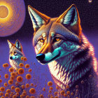 Realistic digital art: Two foxes amid sunflowers and celestial scene