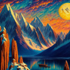 Mountainous Landscape with Orange Clouds and Sun: Peaks, Rock Formations, Lake, Boat