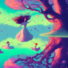 Three floating women in flowing dresses amid vibrant trees and butterflies under a surreal sky