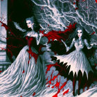 Three ethereal women in elaborate gowns in fantastical forest with red vines and eerie sculptures.