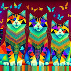 Colorful Patterned Cats with Butterflies on Purple Background