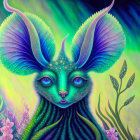 Fantastical creature with fan-like ears and glowing blue fur on starry backdrop