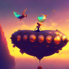 Surreal floating island with butterfly-winged figures and glowing orbs